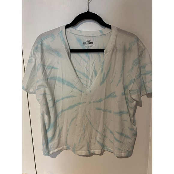 Hollister Women Crop Top Large White Blue Tie Dye T-Shirt Crop V Neck - Picture 1 of 4